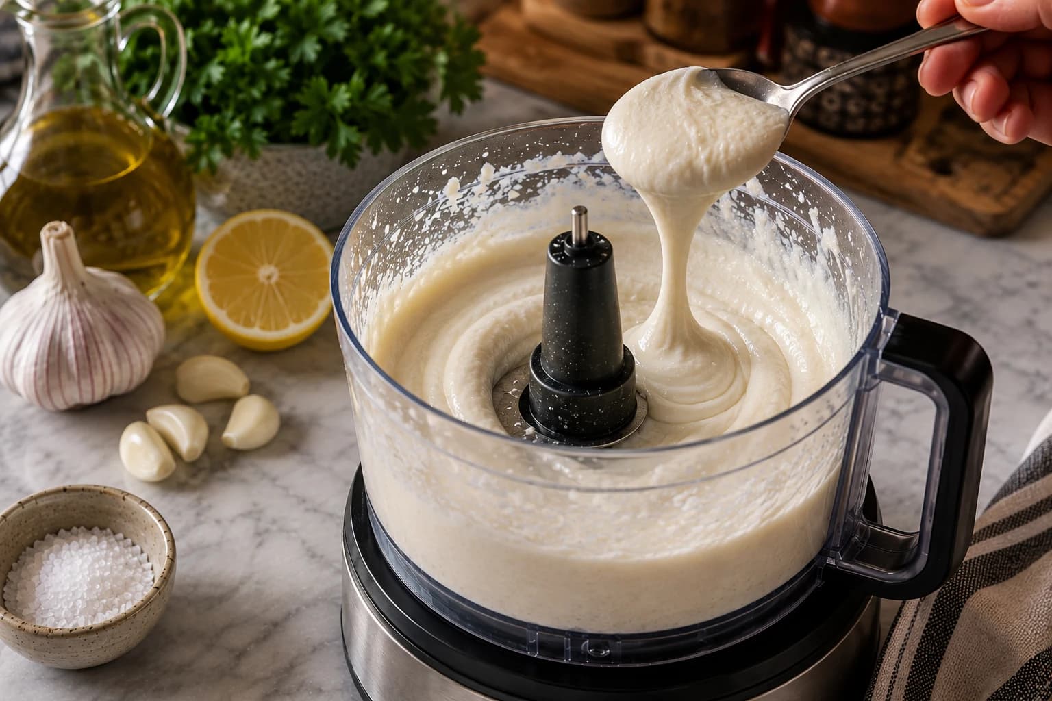 Thick, pale, fluffy toum reaching its characteristic creamy garlic-sauce texture in a food processor.