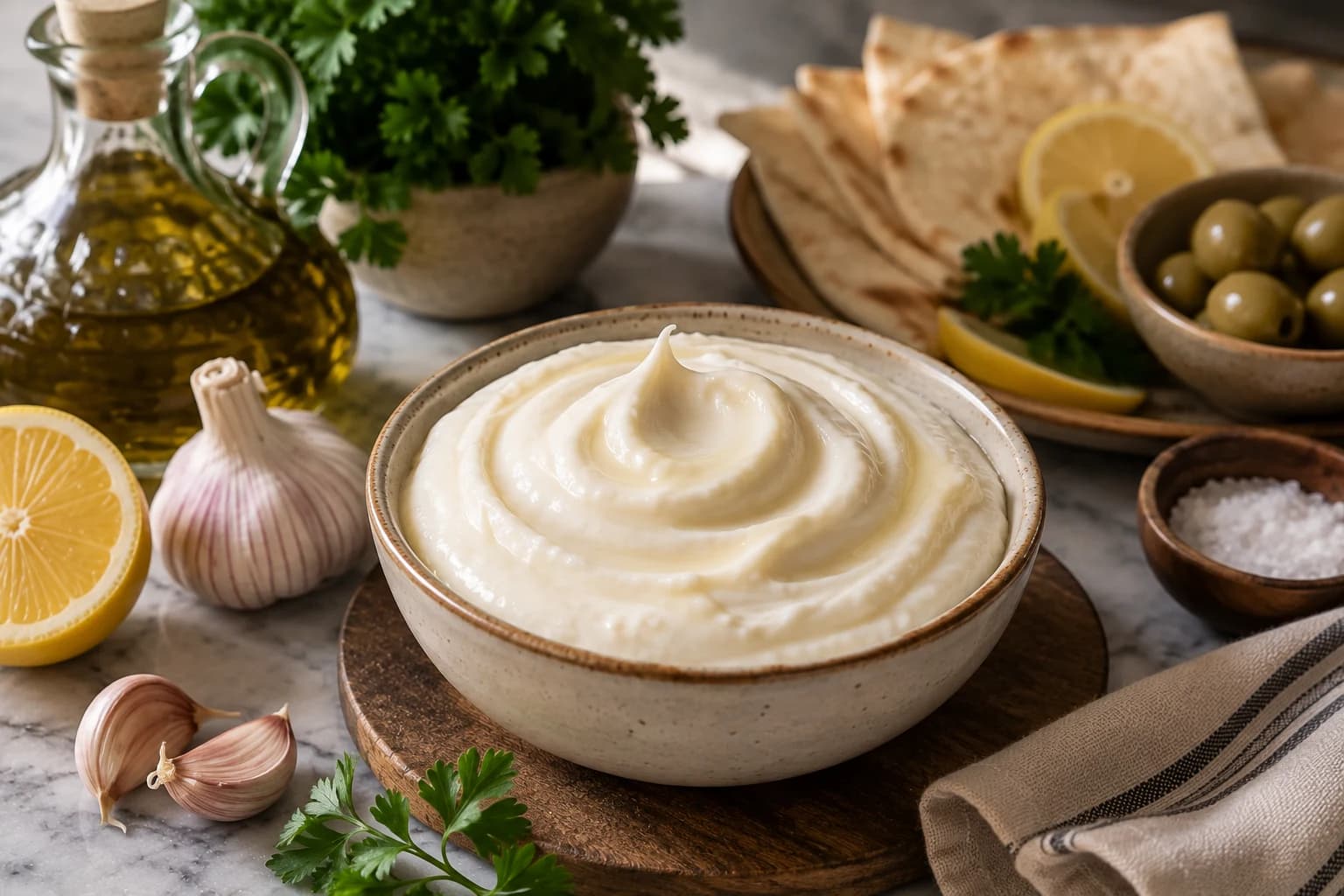 Finished fluffy Lebanese toum served chilled with pita bread, lemon, garlic, and Mediterranean mezze.