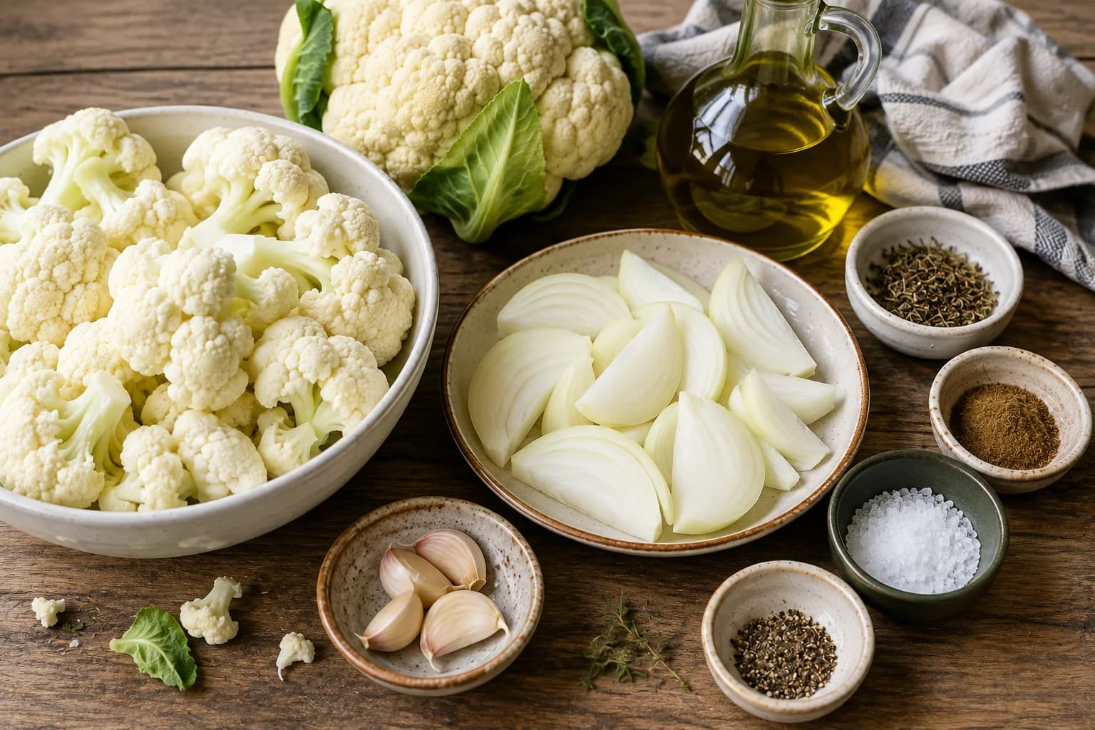 Fresh cauliflower florets, onion wedges, garlic cloves, olive oil, herbs, and spices prepared for roasted cauliflower soup.