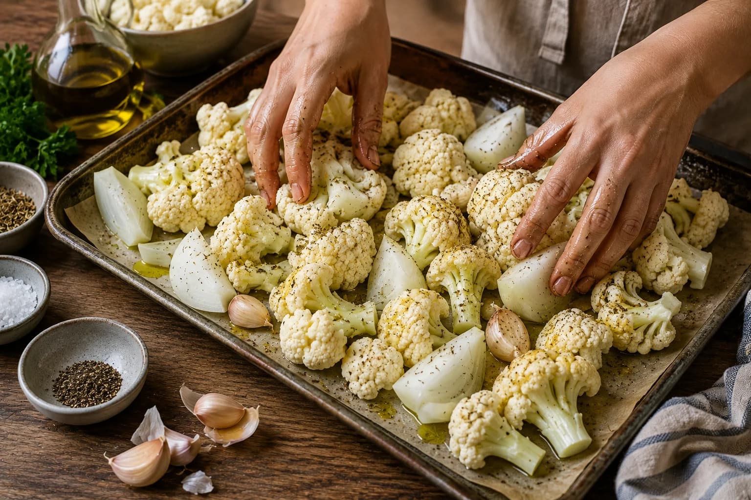 Cauliflower florets, onion, and garlic arranged on a roasting tray and lightly coated with olive oil and seasoning.