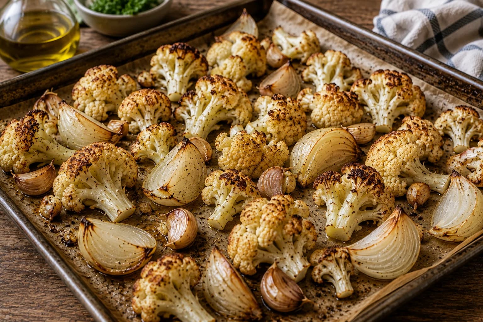 Golden roasted cauliflower, softened onion, and roasted garlic on a baking tray.