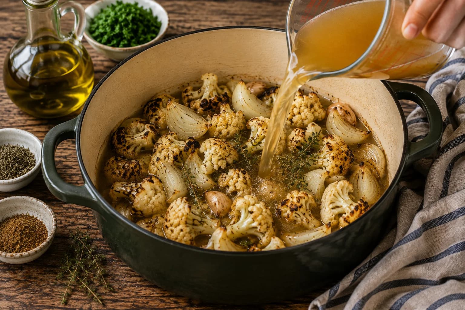 Roasted cauliflower, onion, and garlic simmering gently in vegetable broth with thyme and cumin.