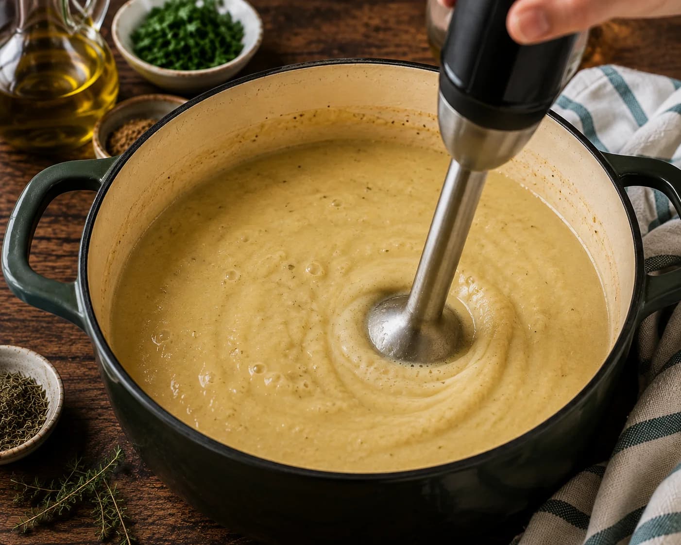 Creamy cauliflower soup being blended until silky smooth with an immersion blender.