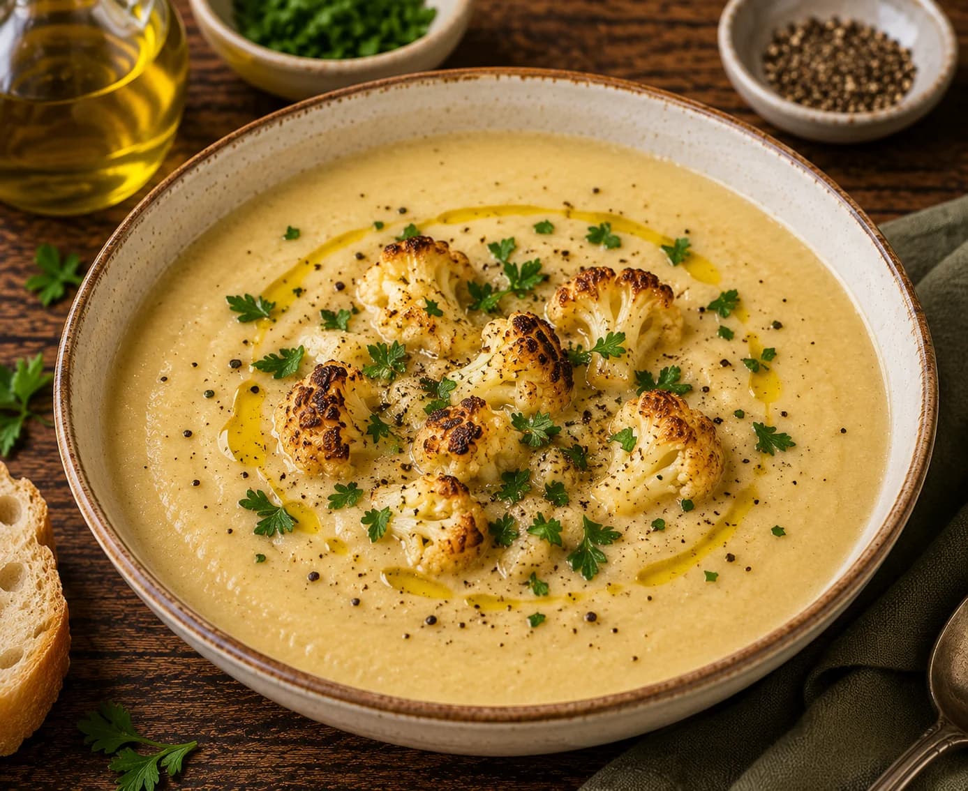 Finished creamy roasted cauliflower soup garnished with parsley, roasted cauliflower, black pepper, and olive oil.