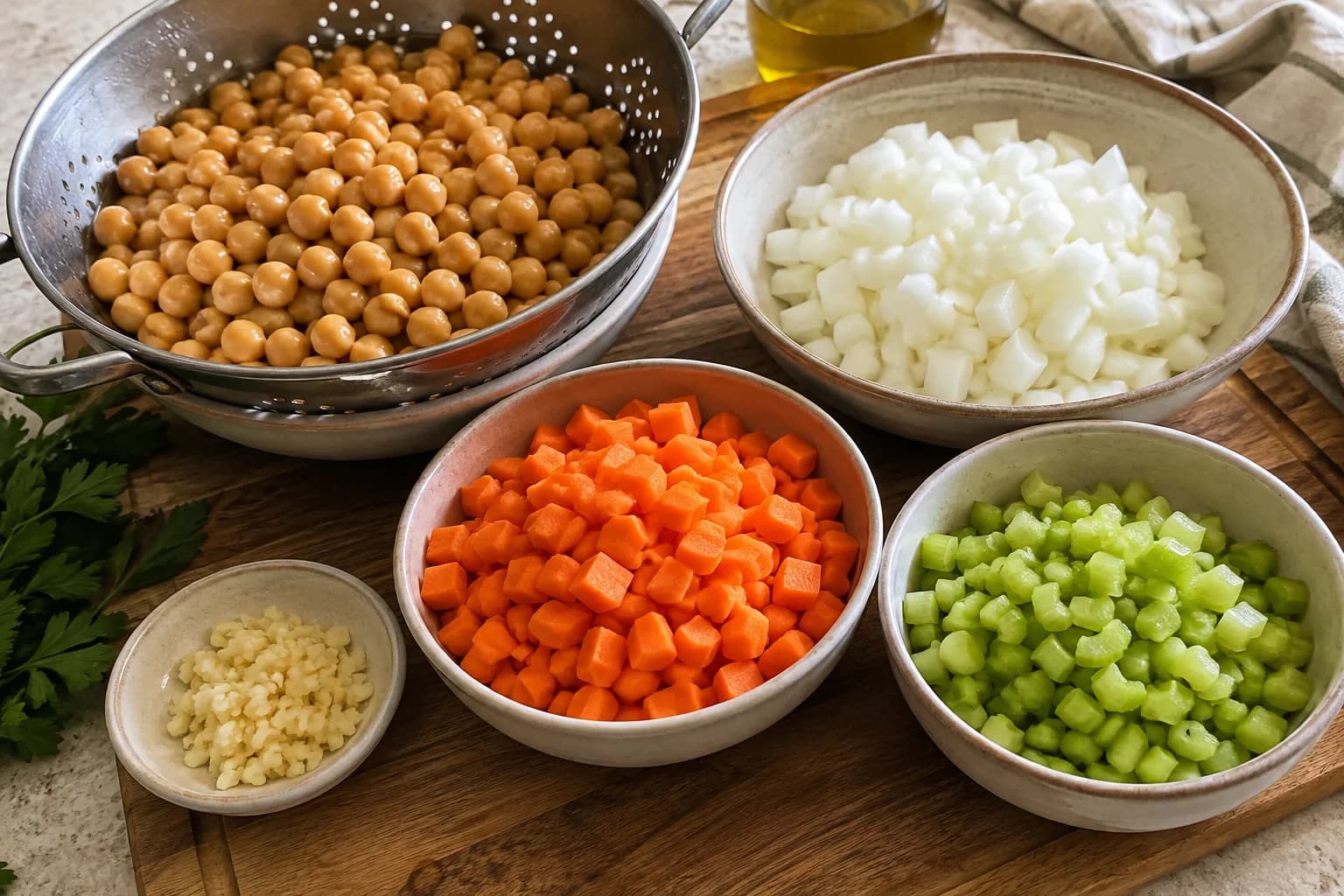 Rinsed chickpeas and evenly diced onion, carrot, celery, and minced garlic prepared for creamy chickpea soup.