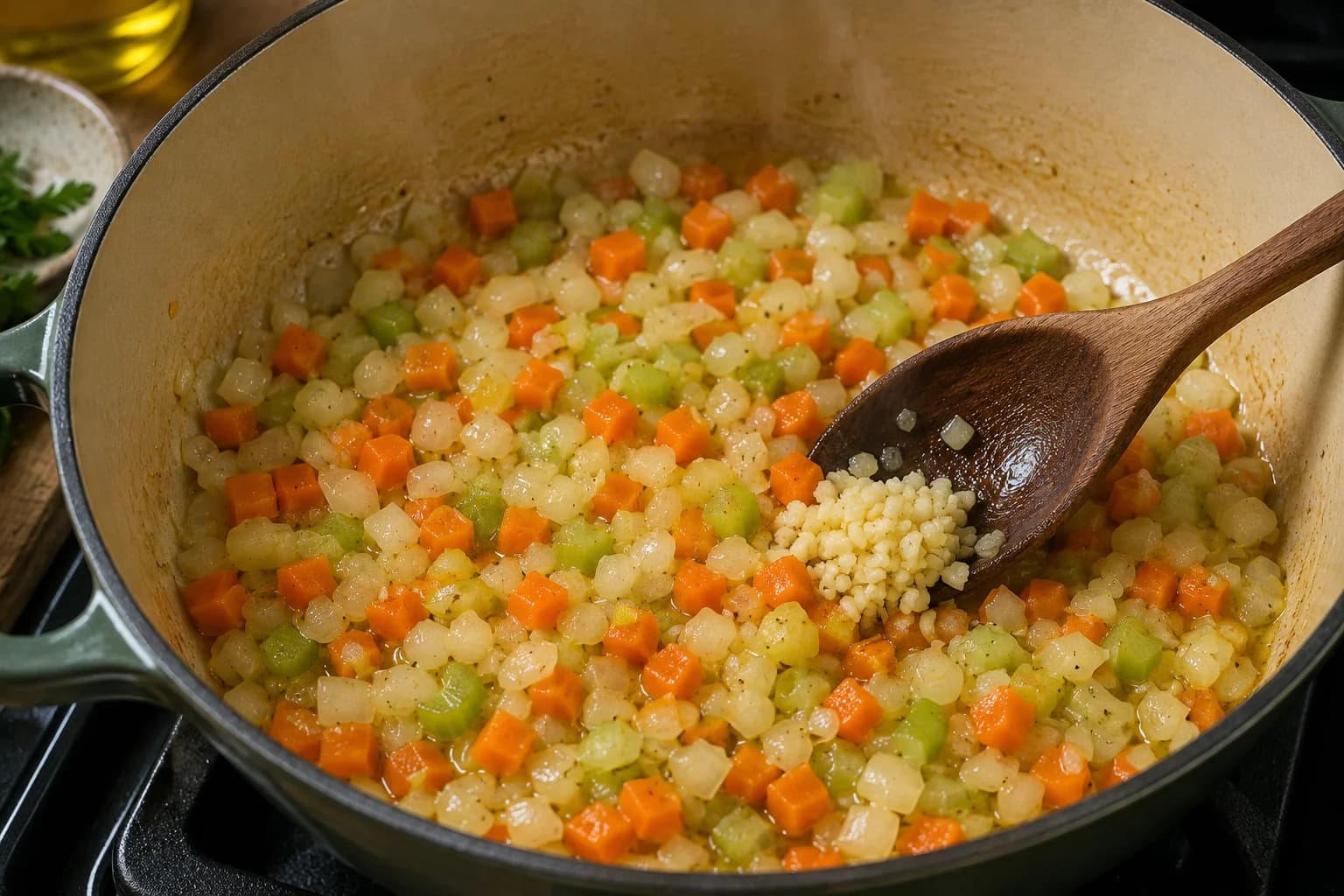 Onion, carrot, celery, and garlic gently softening in olive oil in a large soup pot.