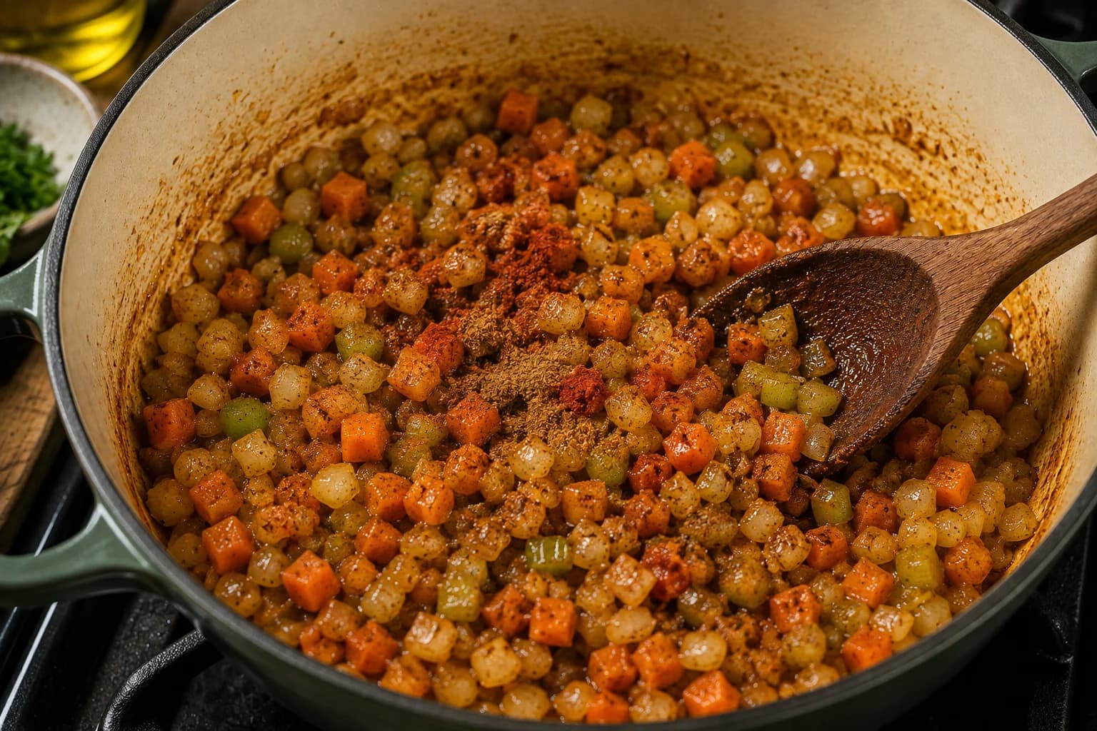 Cumin, ground coriander, and paprika being stirred into softened vegetables in olive oil.