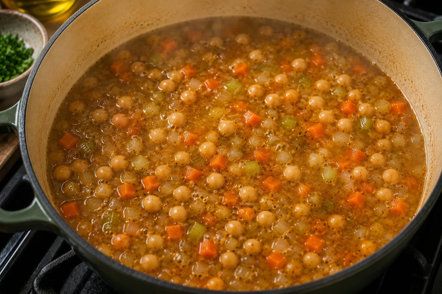 Chickpeas and vegetables gently simmering in seasoned vegetable broth in a large soup pot.