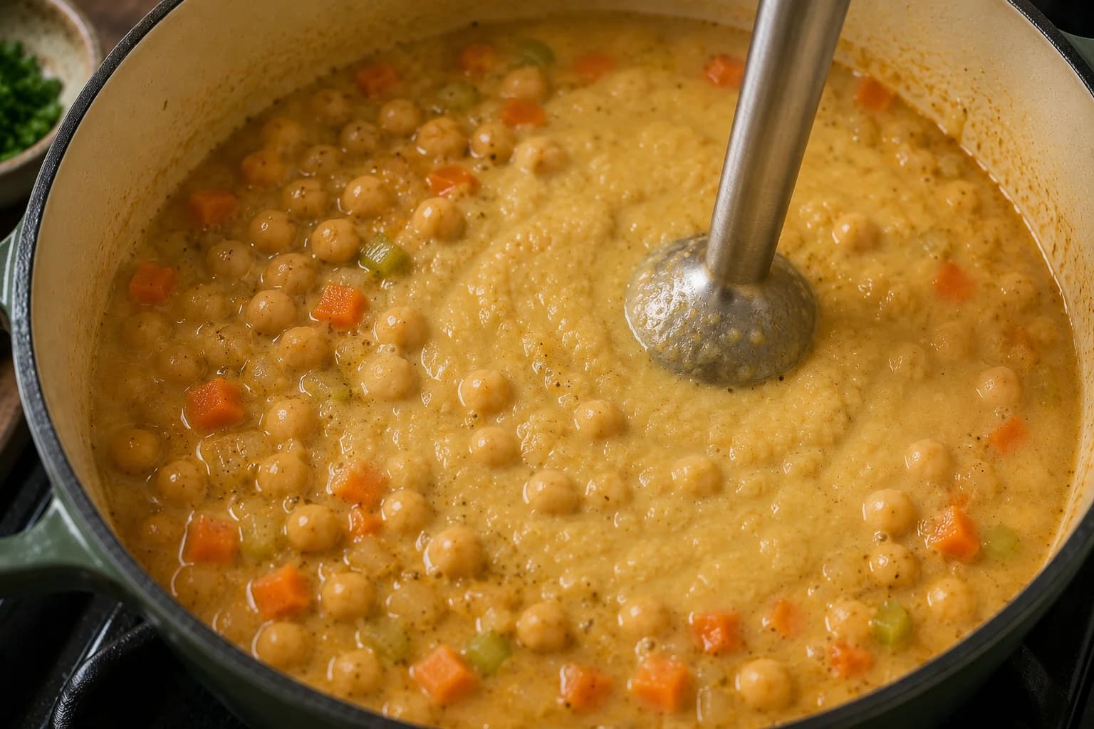 Partially blended chickpea soup becoming creamy while whole chickpeas remain visible in the pot.