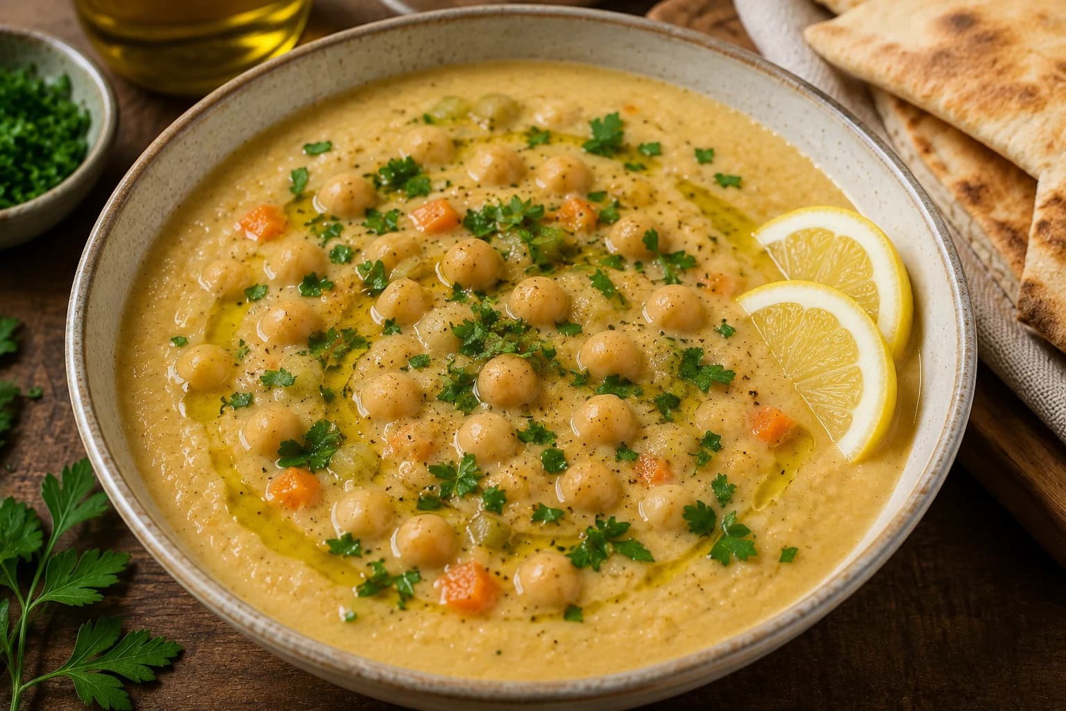 Creamy Lebanese-inspired chickpea soup with whole chickpeas, parsley, olive oil, and lemon.