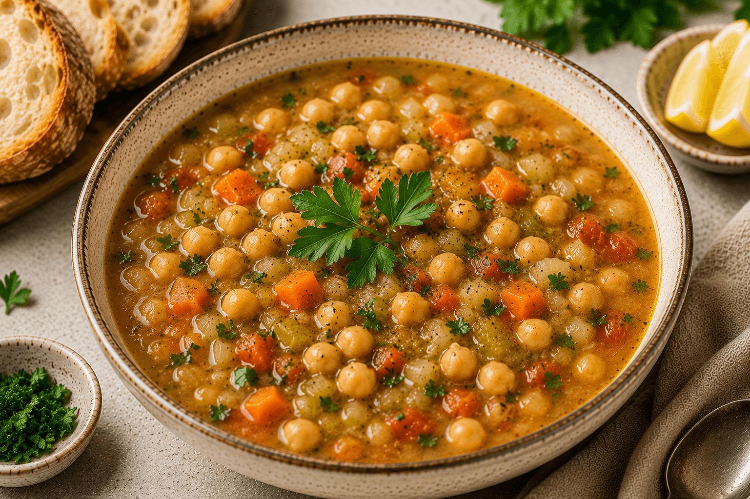Creamy Mediterranean chickpea soup garnished with parsley, olive oil, and lemon wedges.