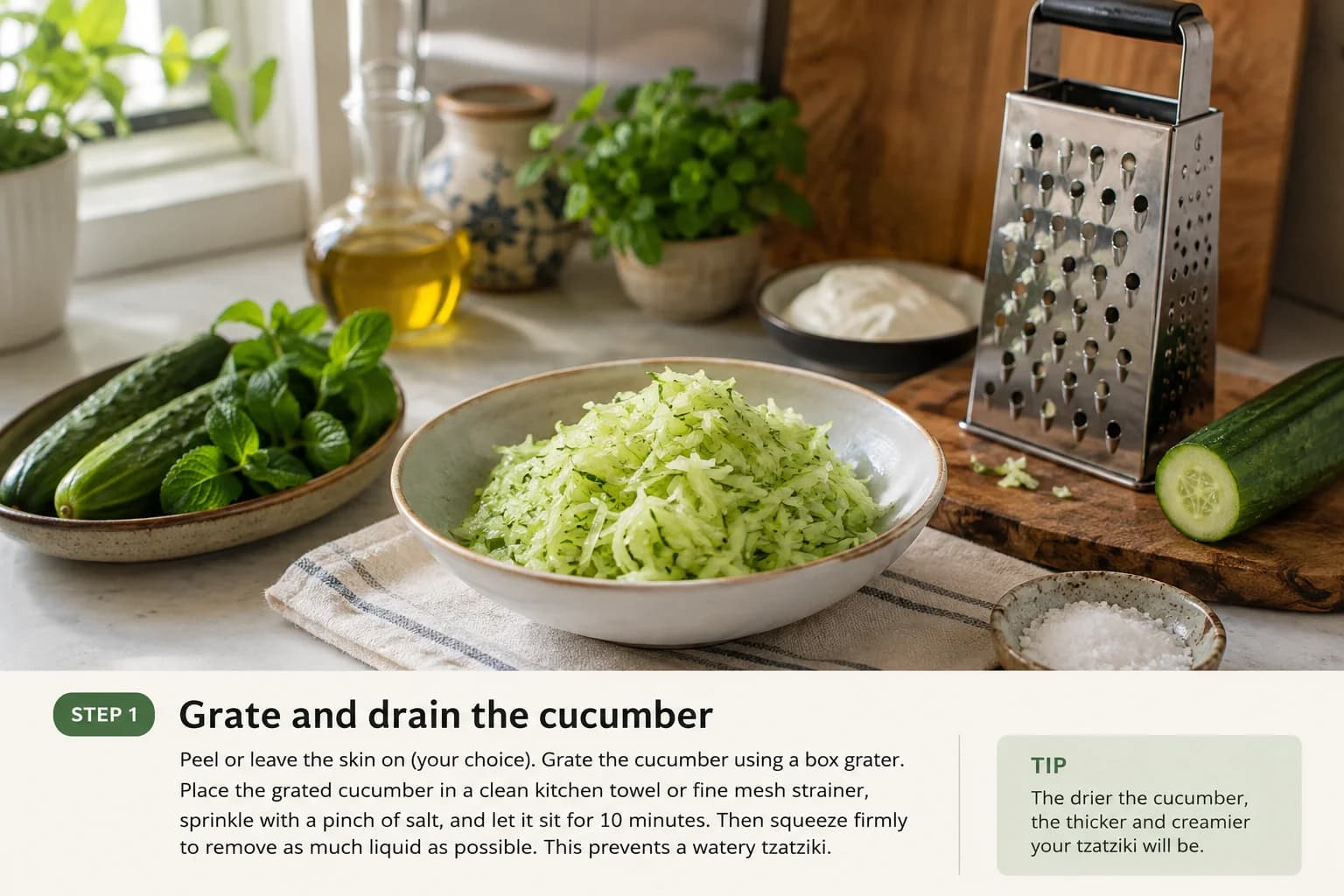 Fresh cucumber being grated and then squeezed dry in a clean kitchen towel for Lebanese-style tzatziki.