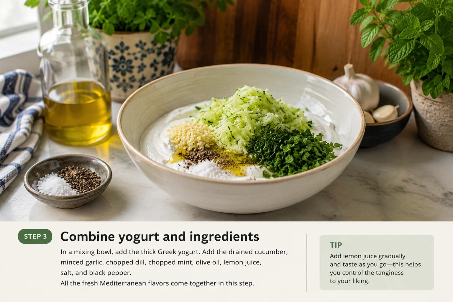 Thick Greek yogurt combined with cucumber, garlic, fresh herbs, lemon, olive oil, and seasonings for Lebanese-style tzatziki.