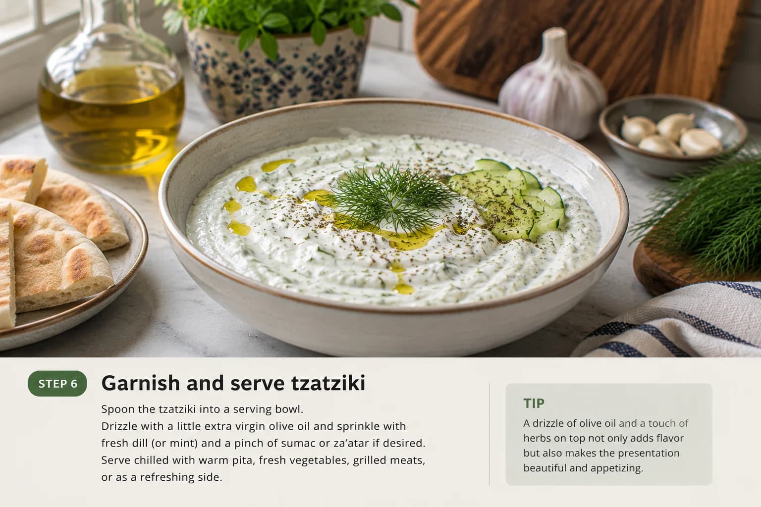 Finished creamy Lebanese-style tzatziki garnished with olive oil and fresh dill and served with warm pita and mezze.
