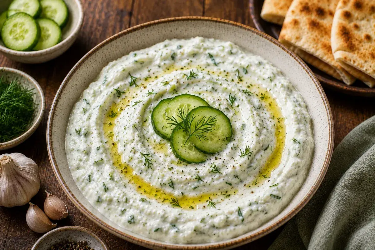 A bowl of creamy Lebanese-style tzatziki topped with extra virgin olive oil and fresh dill, served with cucumber slices and warm pita bread.