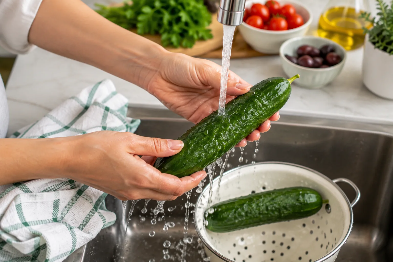 Fresh cucumbers being washed and prepared for Mediterranean hummus bites.