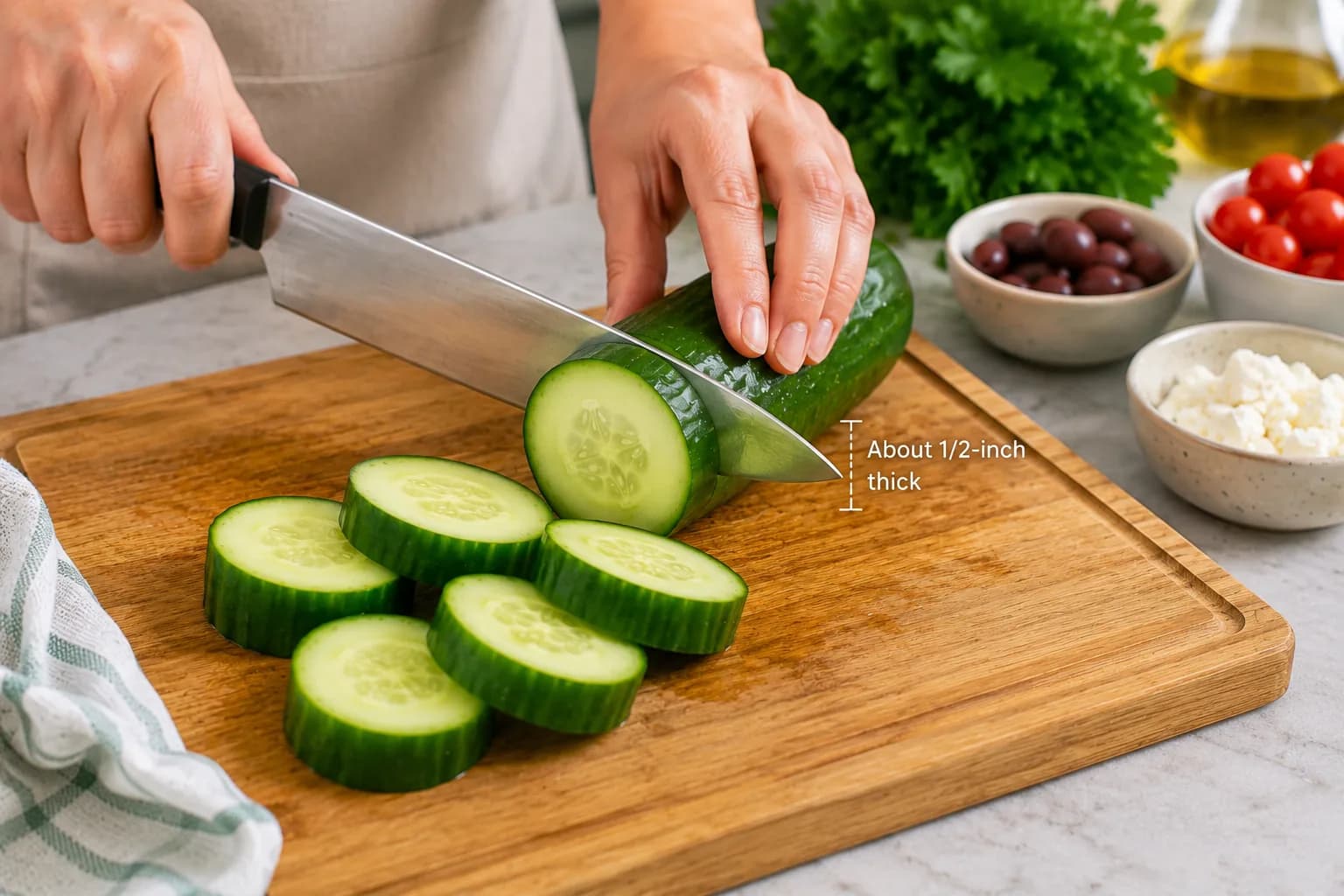 Cucumbers being sliced into thick rounds for hummus bites.