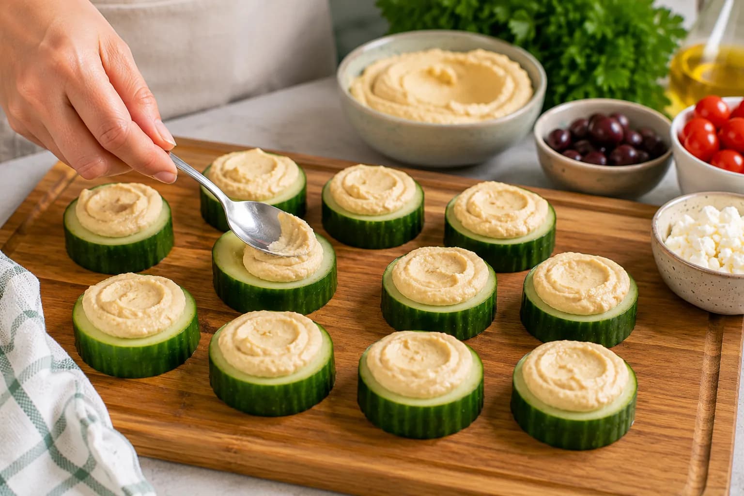 Cucumber rounds topped with creamy hummus for Mediterranean appetizers.