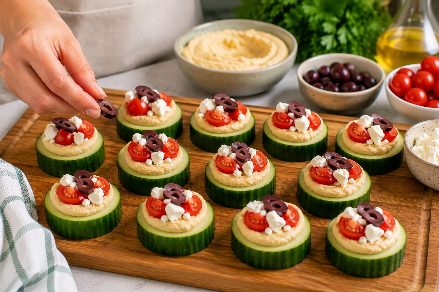 Cucumber hummus bites being topped with cherry tomatoes, feta cheese, and Kalamata olives.