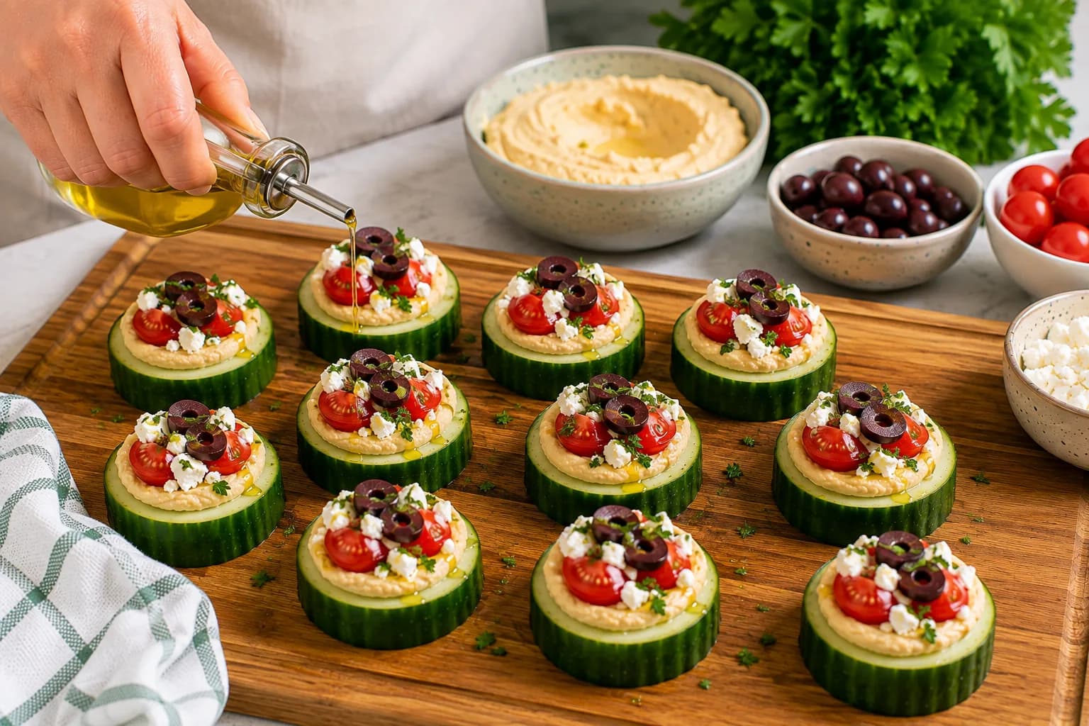 Cucumber hummus bites finished with olive oil and fresh parsley.
