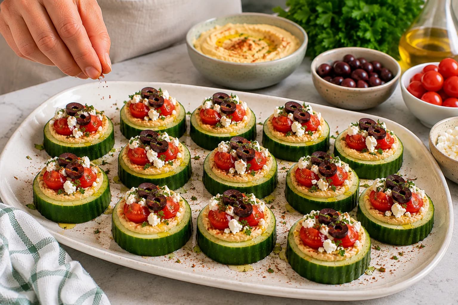 Finished cucumber hummus bites with hummus, tomatoes, feta, olives, parsley, and smoked paprika.