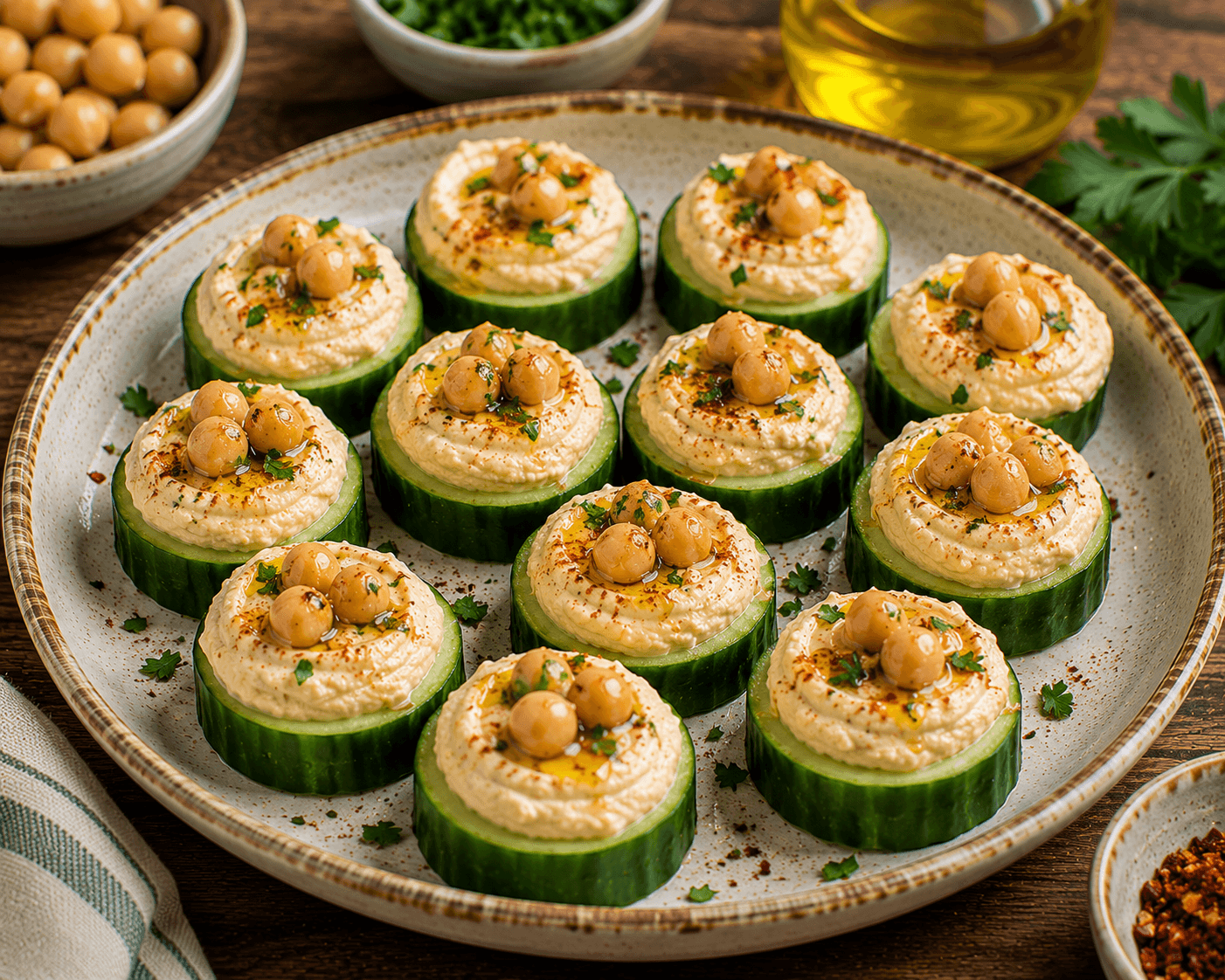 Fresh cucumber slices topped with creamy hummus, cherry tomatoes, feta cheese, Kalamata olives, parsley, and paprika.