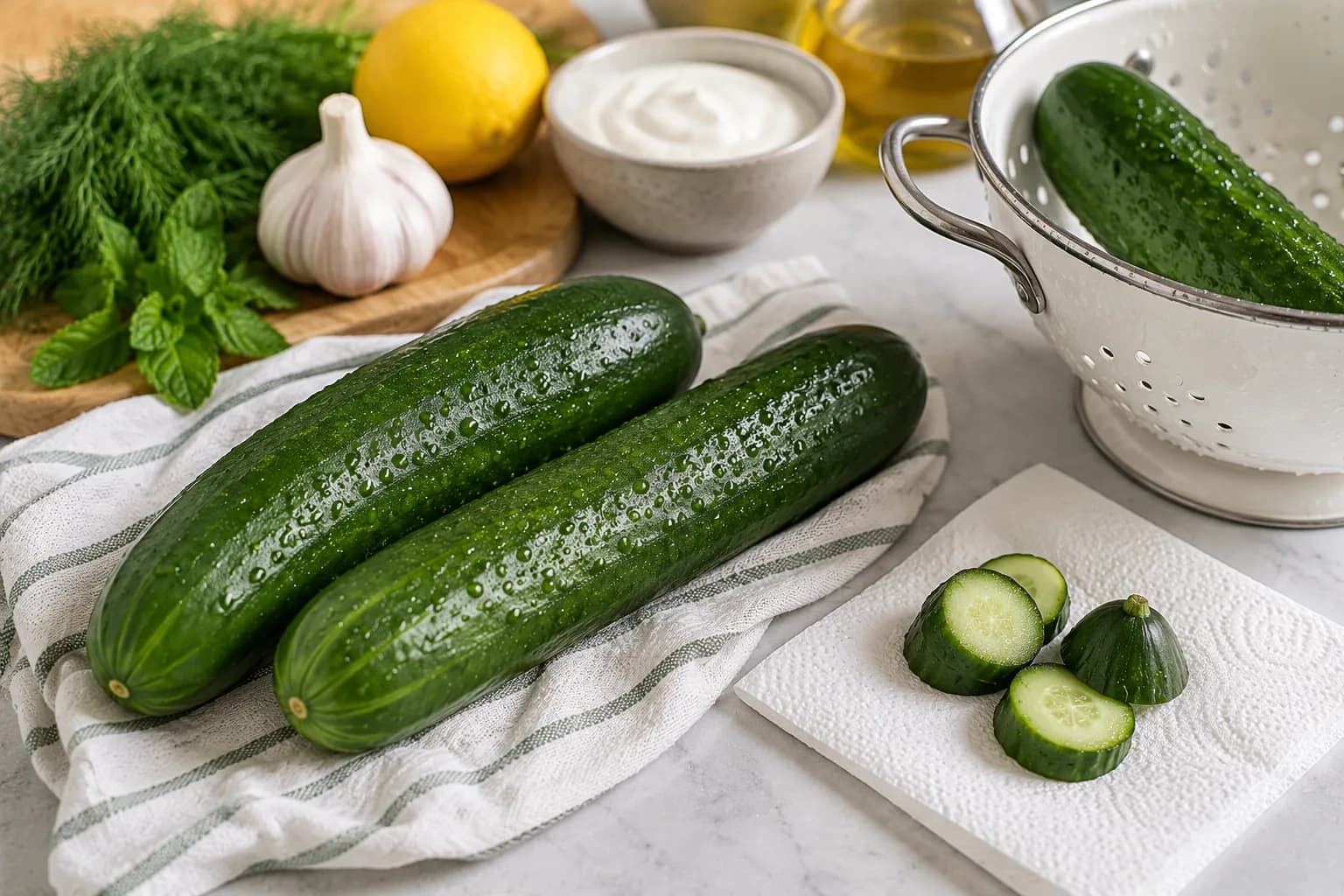 Fresh cucumbers being washed and prepared for cucumber yogurt salad.