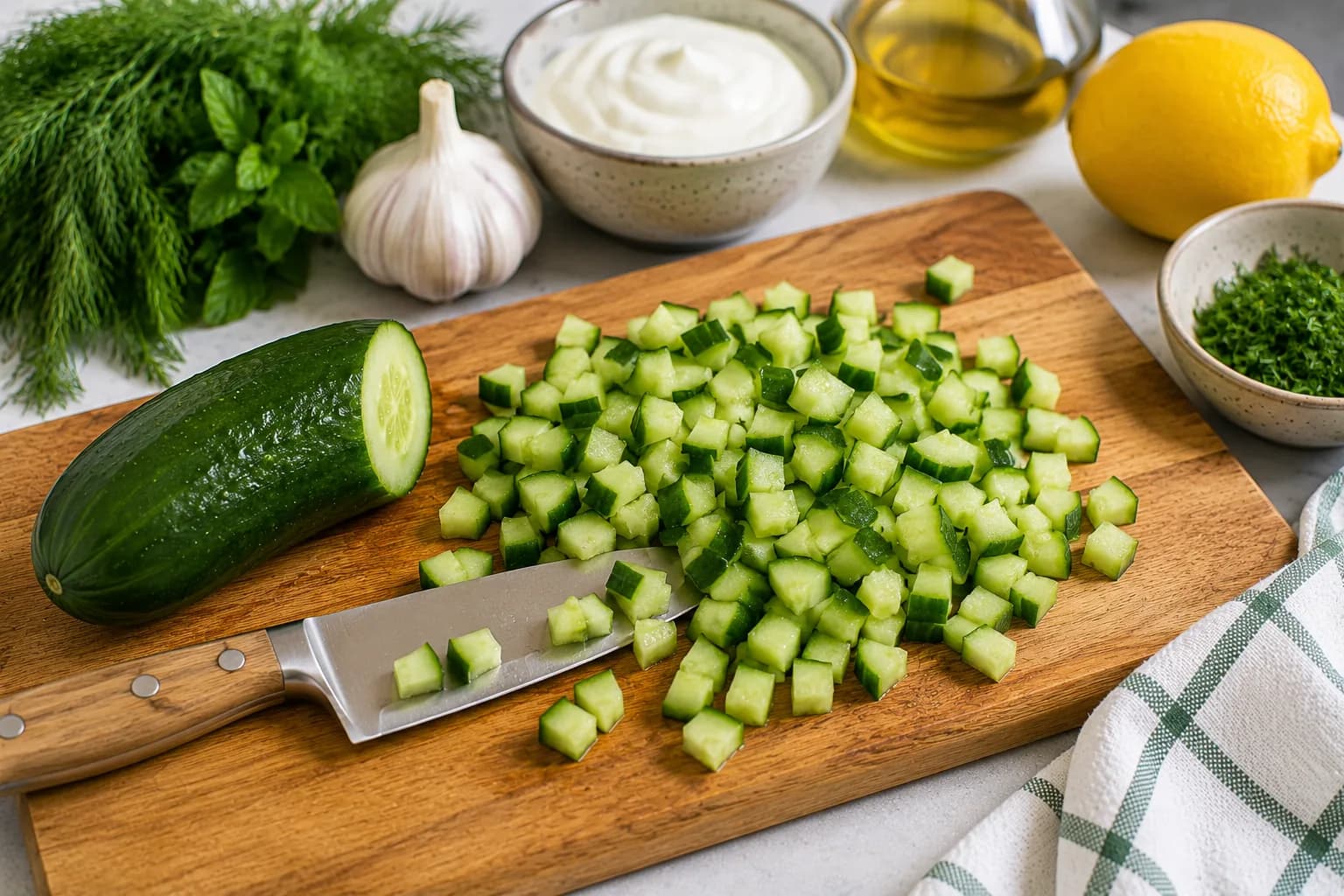 Fresh cucumber being diced into small pieces for yogurt salad.