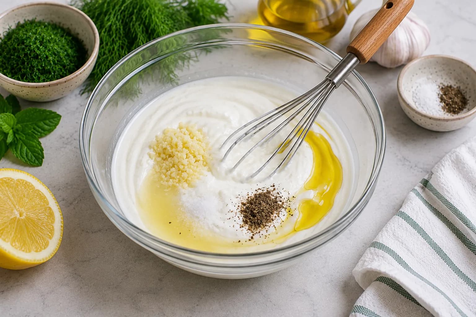 Greek yogurt being mixed with garlic, lemon juice, olive oil, salt, and pepper.