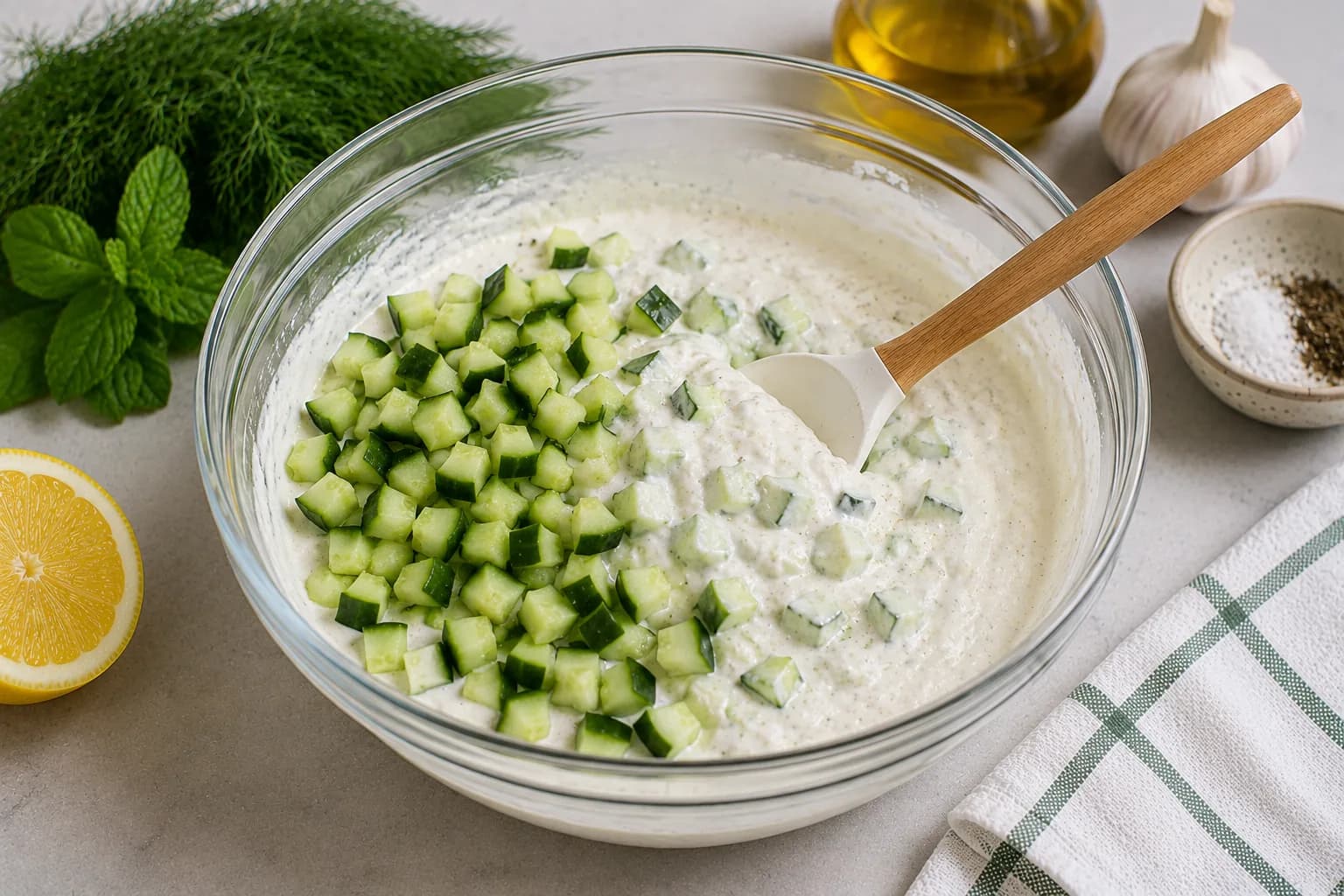 Diced cucumber being folded into creamy yogurt mixture.