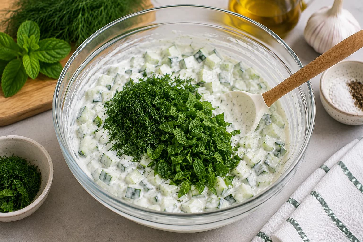Fresh dill and mint being folded into cucumber yogurt salad.