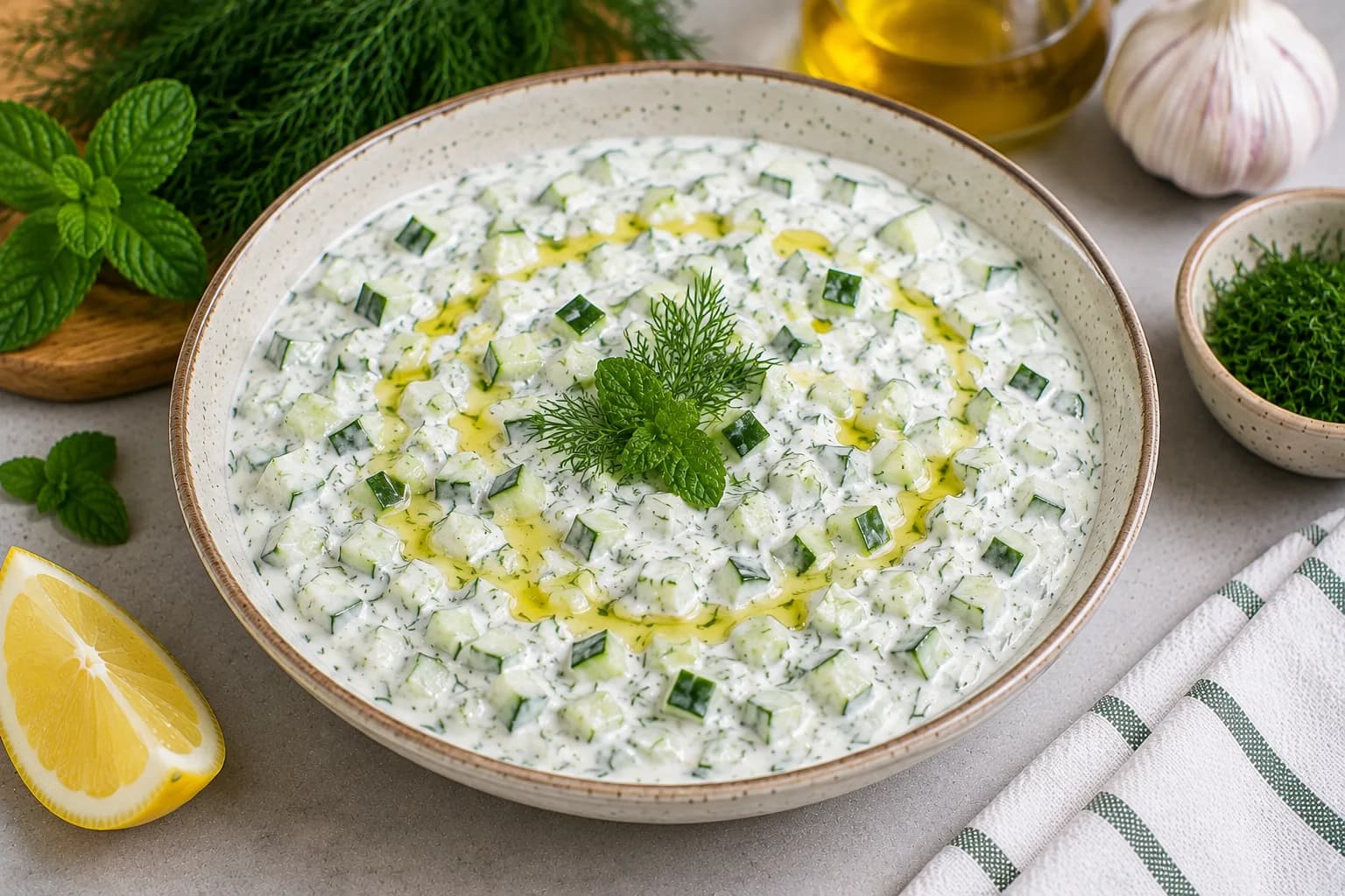 Finished chilled cucumber yogurt salad garnished with dill and olive oil.