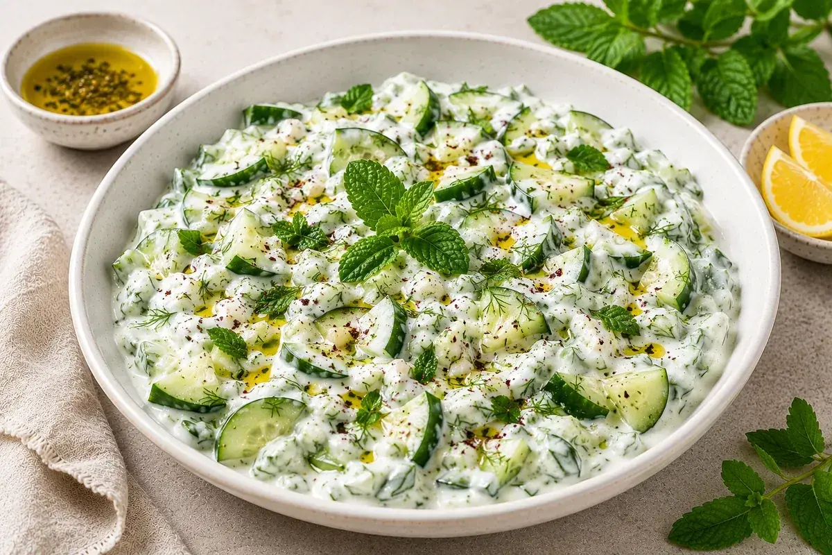 Creamy cucumber yogurt salad with diced cucumber, Greek yogurt, fresh dill, mint, and olive oil.