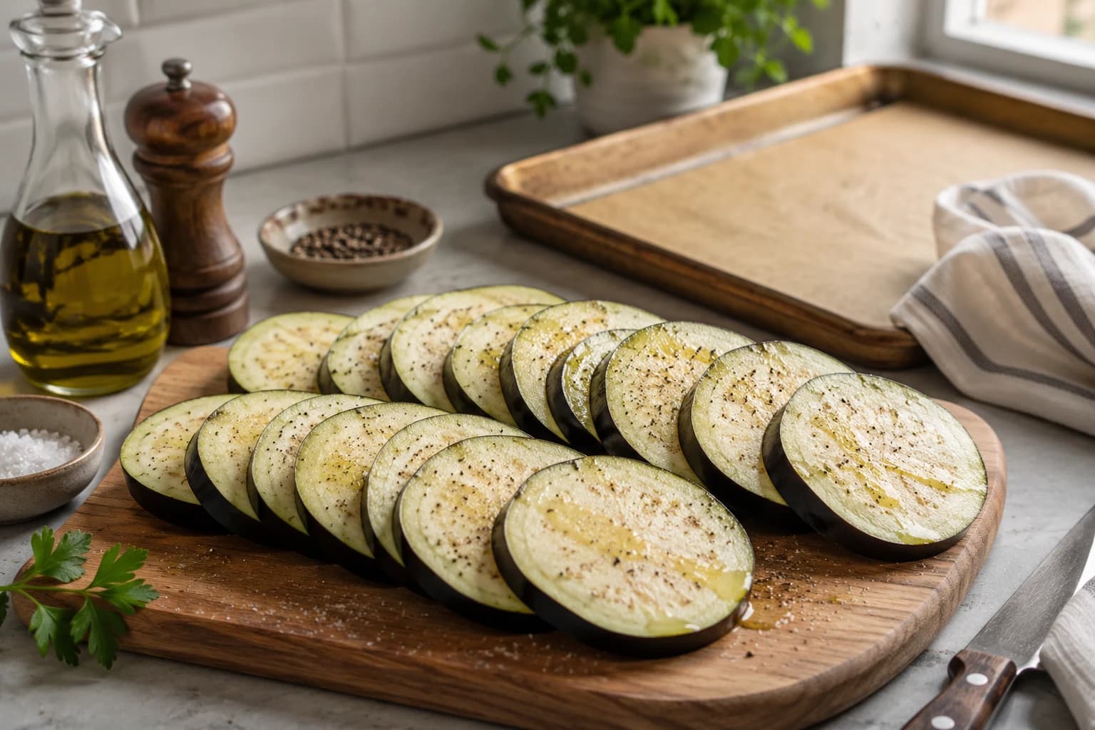 Eggplant sliced into even rounds and arranged on a baking tray before roasting.