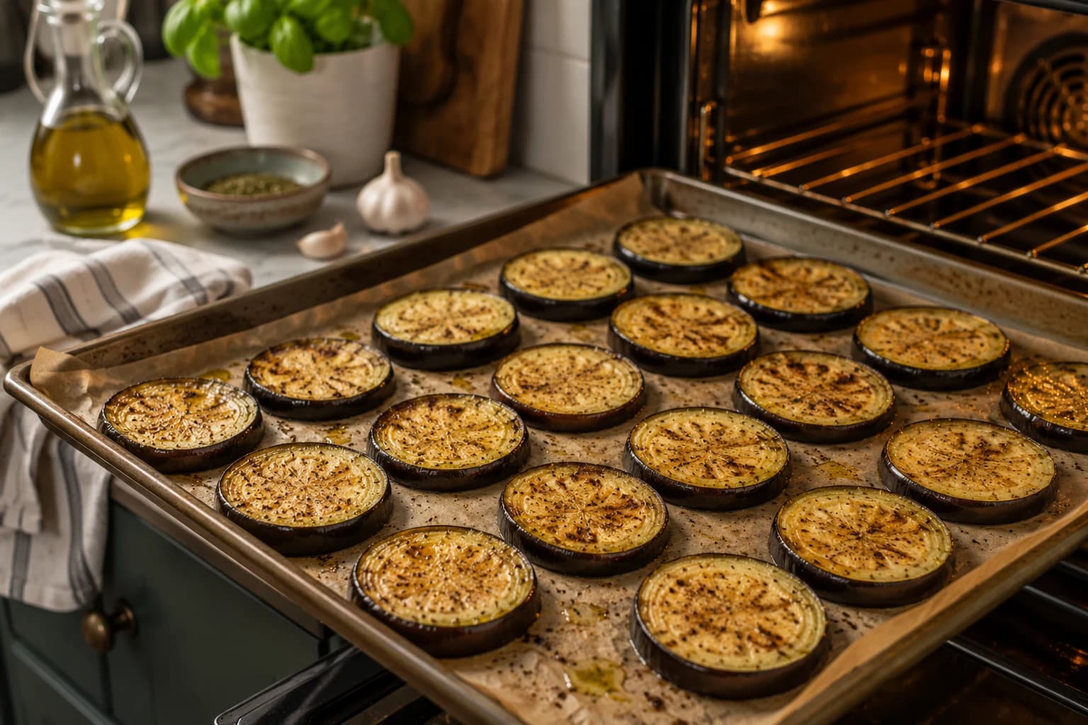 Eggplant rounds roasting on a baking tray until tender and lightly browned.