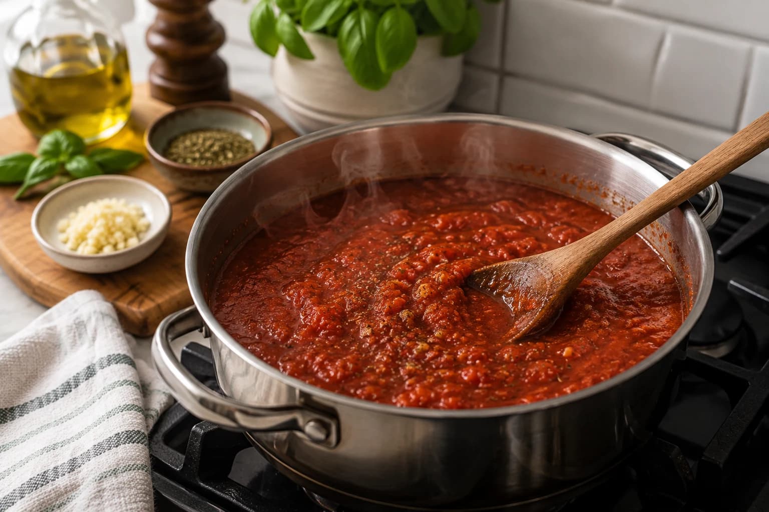 Tomato sauce gently warming with garlic and oregano in a saucepan.