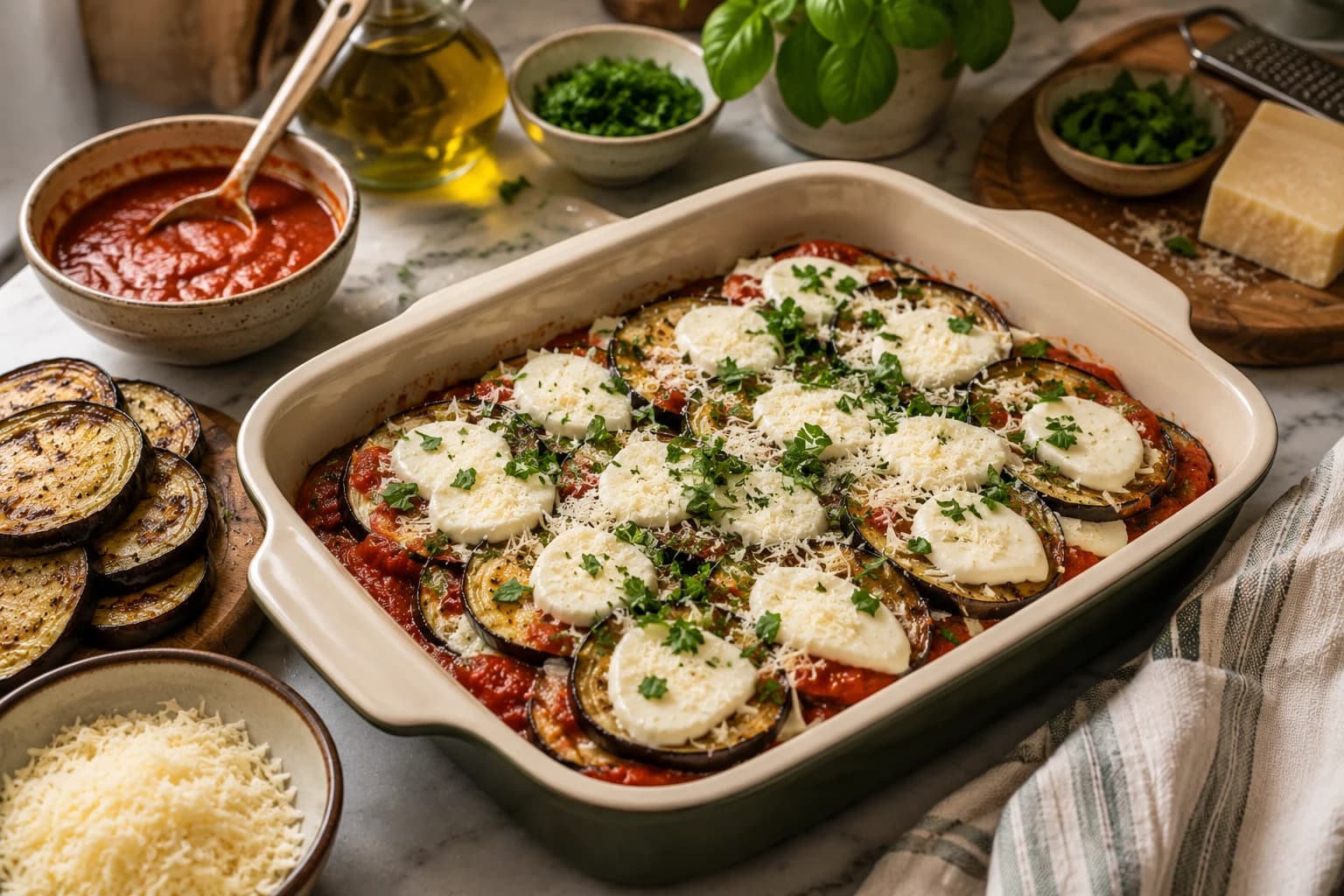 Roasted eggplant layered with tomato sauce, mozzarella, Parmesan, and fresh herbs in a baking dish.