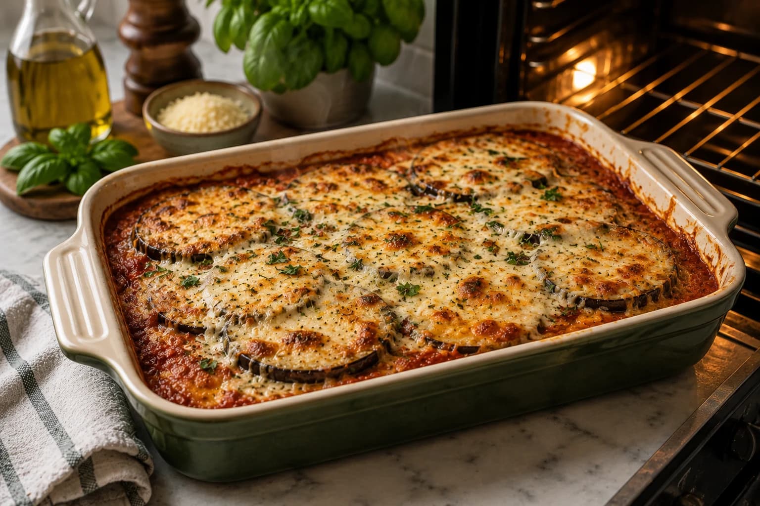 Eggplant Parmesan baking until the cheese melts and the top becomes lightly golden.