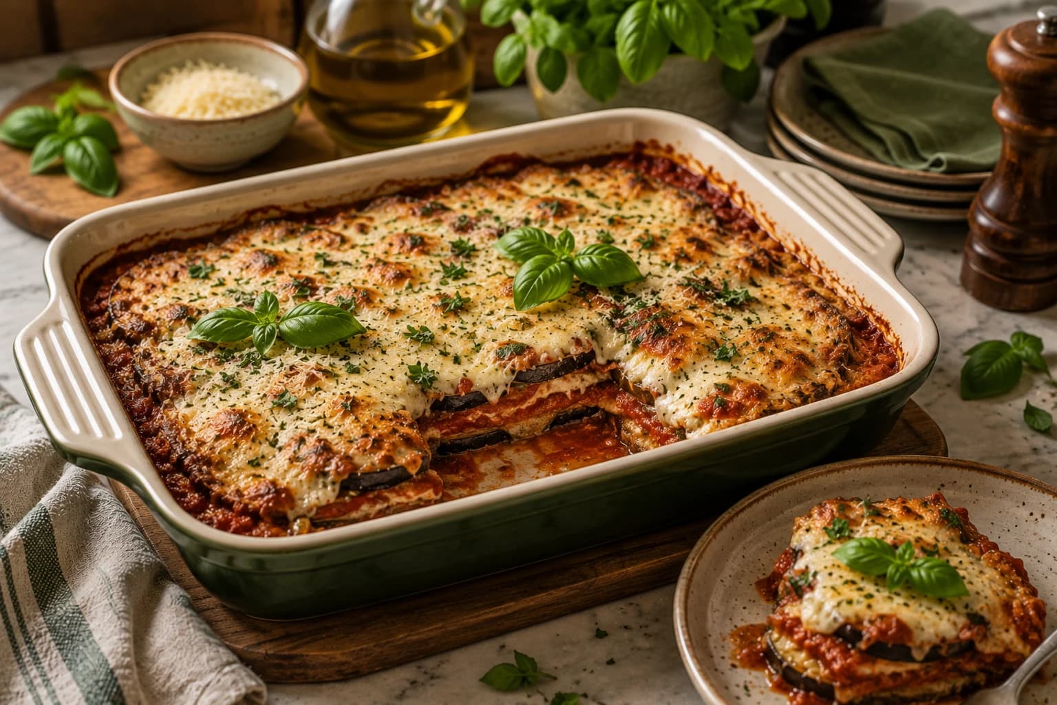 Finished eggplant Parmesan resting in the baking dish and garnished with fresh basil.