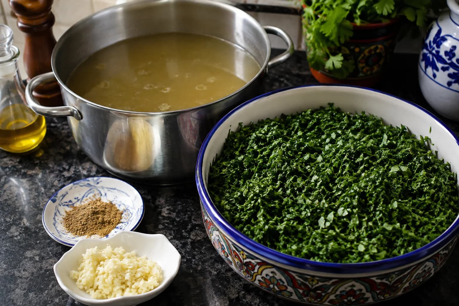 Finely chopped Egyptian molokhia prepared beside a pot of gently simmering chicken broth.