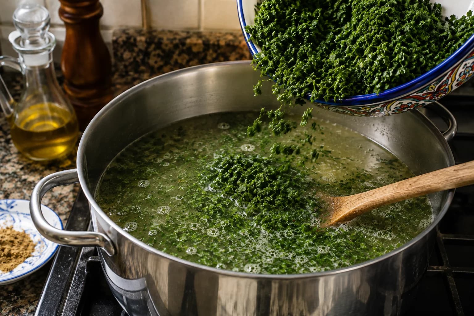 Finely chopped molokhia being gently stirred into chicken broth in a large pot.