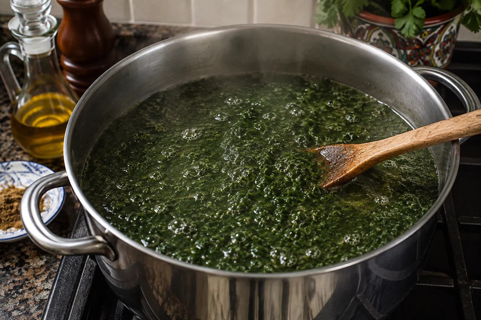 Egyptian molokhia gently simmering in broth with its characteristic glossy silky texture.