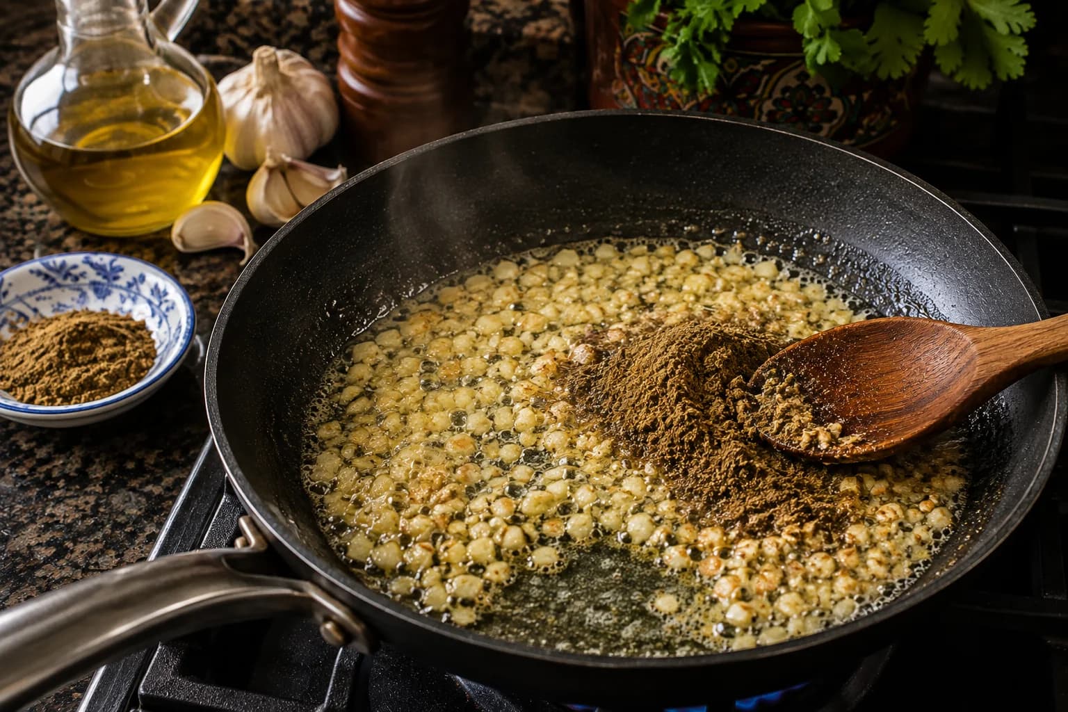 Minced garlic and ground coriander cooking gently in ghee to prepare the Egyptian molokhia ta'aliya.