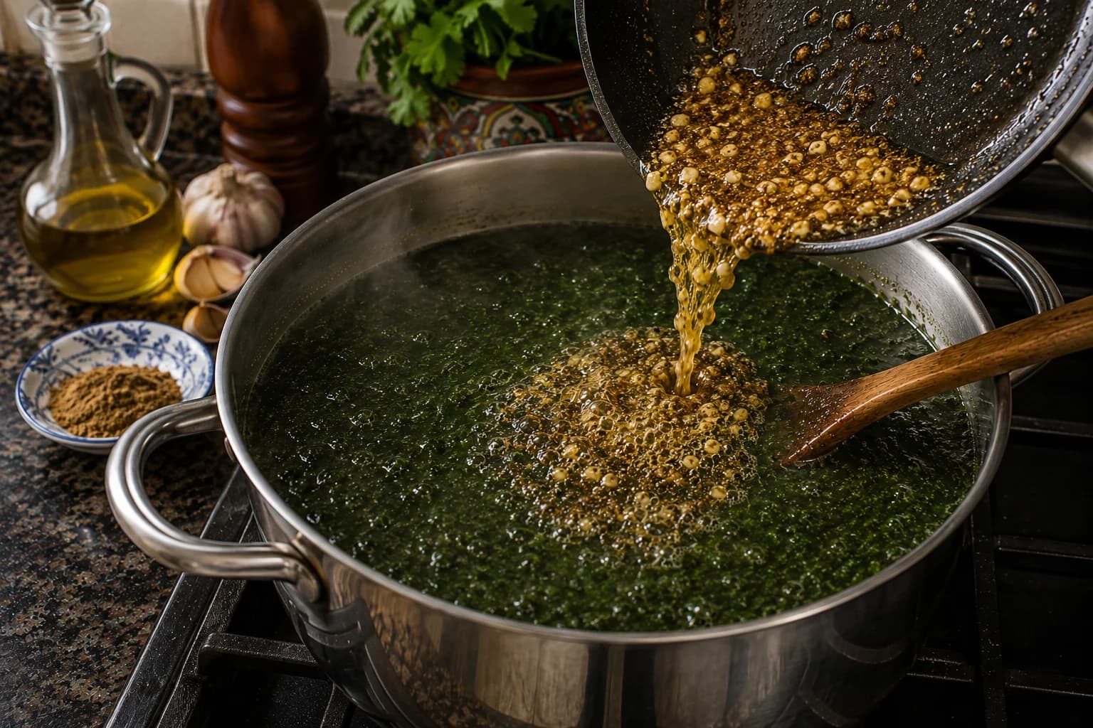Fragrant Egyptian garlic and coriander ta'aliya being added to silky molokhia soup.