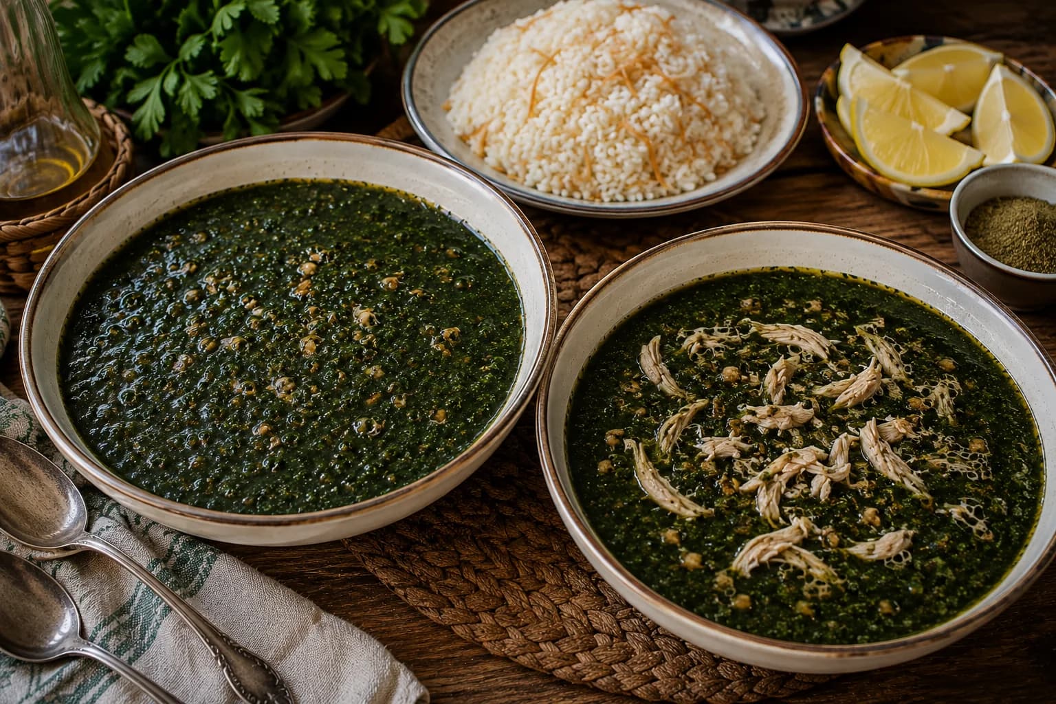Traditional Egyptian molokhia served hot with white rice, lemon wedges, and fragrant garlic and coriander.