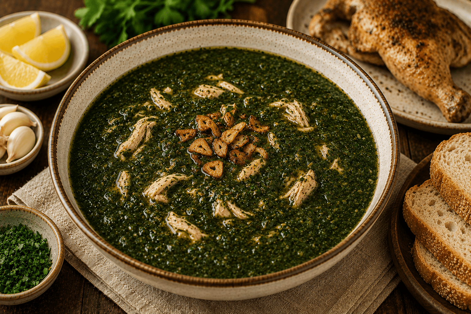 Traditional Egyptian molokhia soup served with rice, garlic, coriander, and lemon wedges.