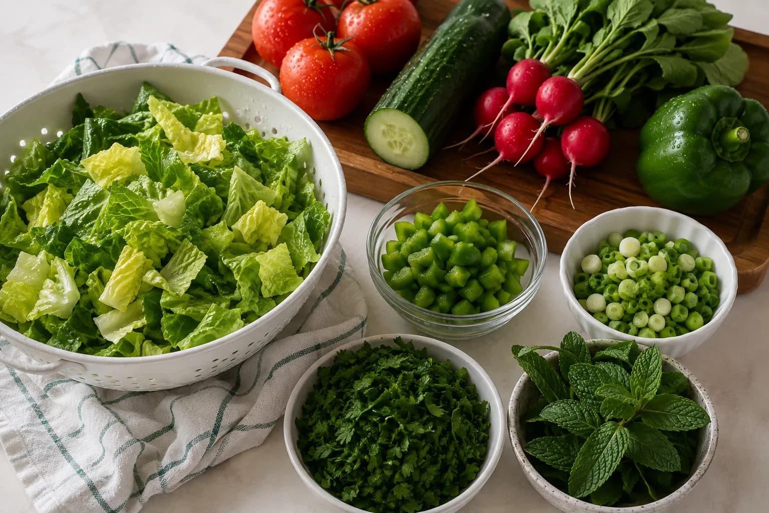 Fresh lettuce, tomatoes, cucumber, radishes, green pepper, parsley, mint, and green onions prepared for Fattoush.