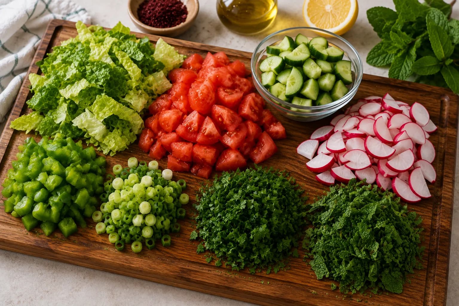 Fresh Fattoush vegetables cut into generous pieces on a preparation surface.