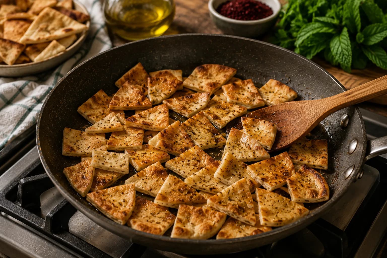Pieces of pita bread being toasted until crisp and lightly golden for Fattoush salad.