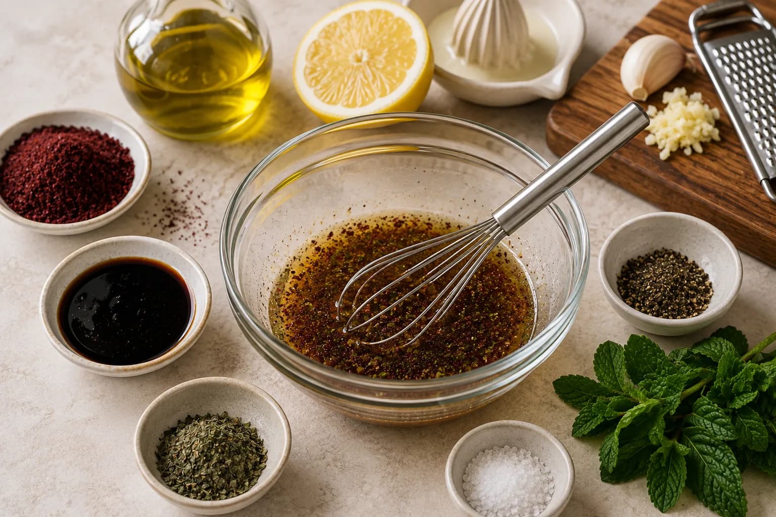 Extra virgin olive oil, lemon juice, garlic, sumac, and pomegranate molasses being whisked into Fattoush dressing.